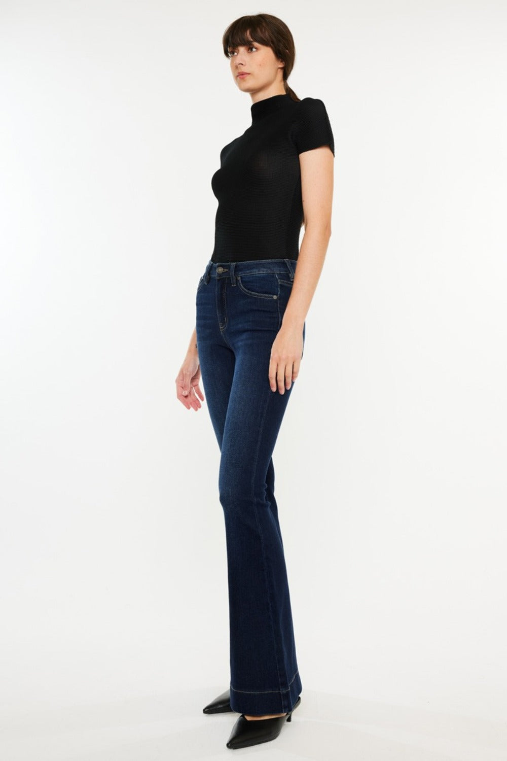 Kancan Dark Washed High Rise Slim Flare Jeans Trendsi