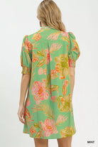 Umgee Mint Botanical Print Dress with Smocked Cuffs