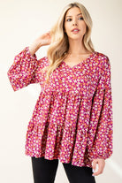 Celeste Magenta Floral V-Neck Balloon Sleeve Blouse Magenta