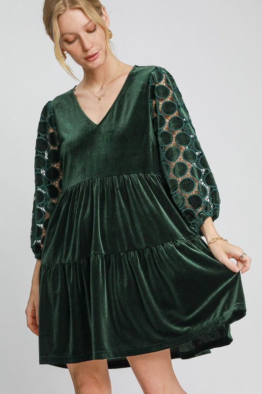 Umgee Dark Green Dotted Lace Sleeve Tiered Velvet Mini Dress Dark Green Dresses