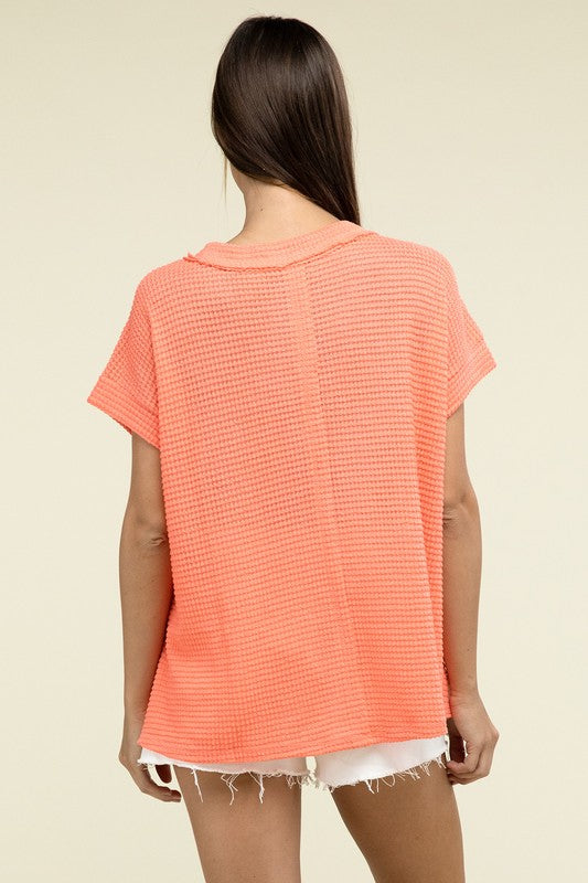 Zenana Brushed Waffle Exposed-Seam Short Sleeve Top Shirts & Tops