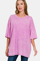 Zenana Mauve Acid Washed Boxy Fit Drop Shoulder Oversized T-Shirt Moonlit Mauve Shirts & Tops