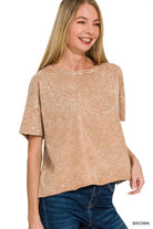 Zenana Brown Halo Washed Cotton Short Sleeve Top BROWN