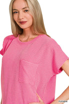 Zenana Fuchsia Raised Rib Front Pocket Boxy Top