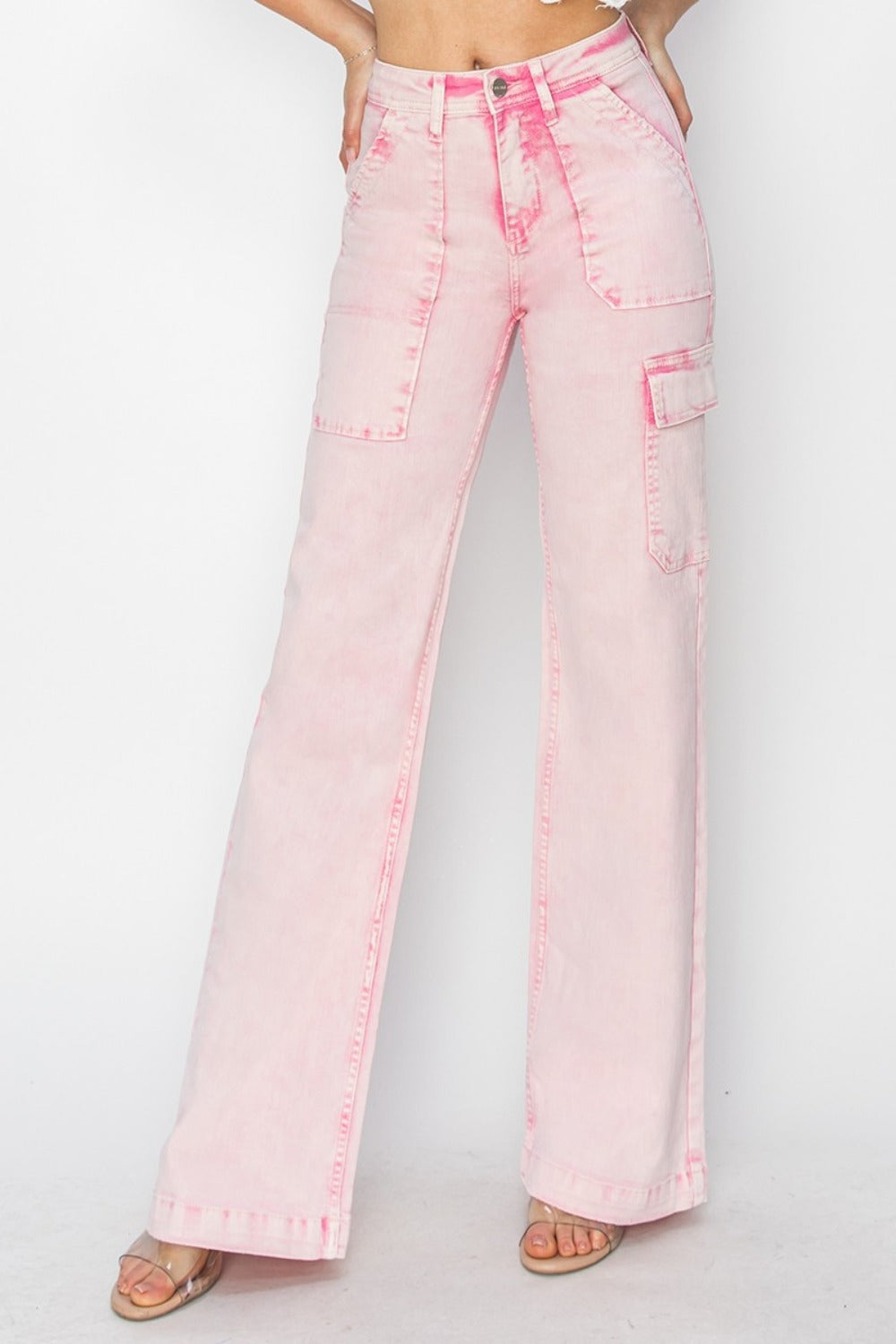 RISEN Pink Acid Washed High Rise Wide Leg Cargo Pocket Jeans Trendsi