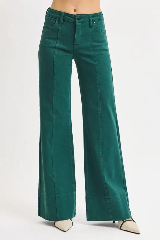 RISEN Hunter Green Tummy Control Mid Rise Wide Leg Jeans HUNTER GREEN