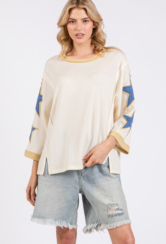 SAGE + FIG Ivory Star Patch Side Slit Round Neck Top