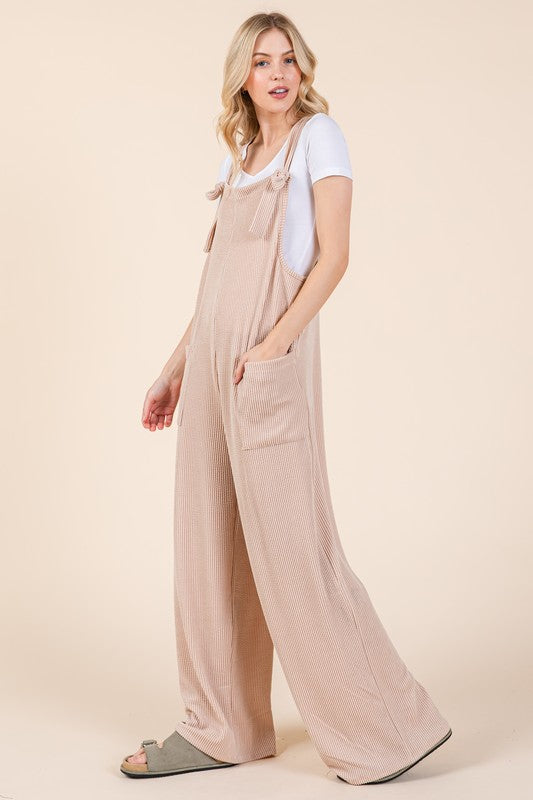 BOMBOM Knot Straps Wide Leg Ribbed Overalls with Pockets in Dust Storm Jumpsuits & Rompers