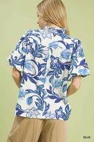 Umgee Blue Lush Blossom Print Puff Sleeve Top with Ruffle Trim Detail
