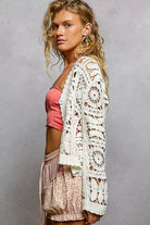 POL Button Down V-Neck Long Sleeve Cropped Crochet Cardigan