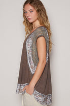 POL Coffee Brown Floral Frayed Hem Crochet Cap Sleeve Top