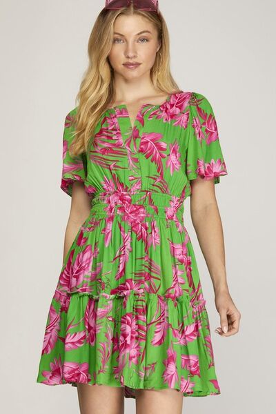 She + Sky Green Printed Notched Short Sleeve Frill Tiered Dress Green