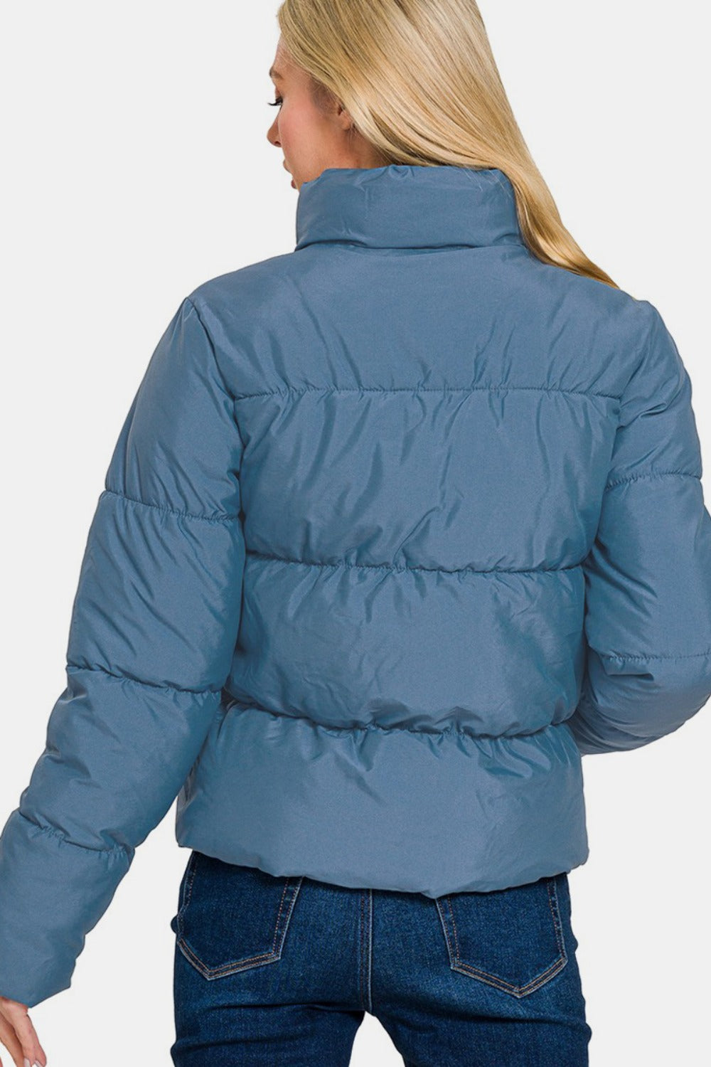 Zenana Dusty Blue Zip Up Turtleneck Puffer Jacket with Pockets Trendsi