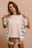 BiBi Pink Multi Slit Exposed Seam Striped Round Neck Short Sleeve T-Shirt