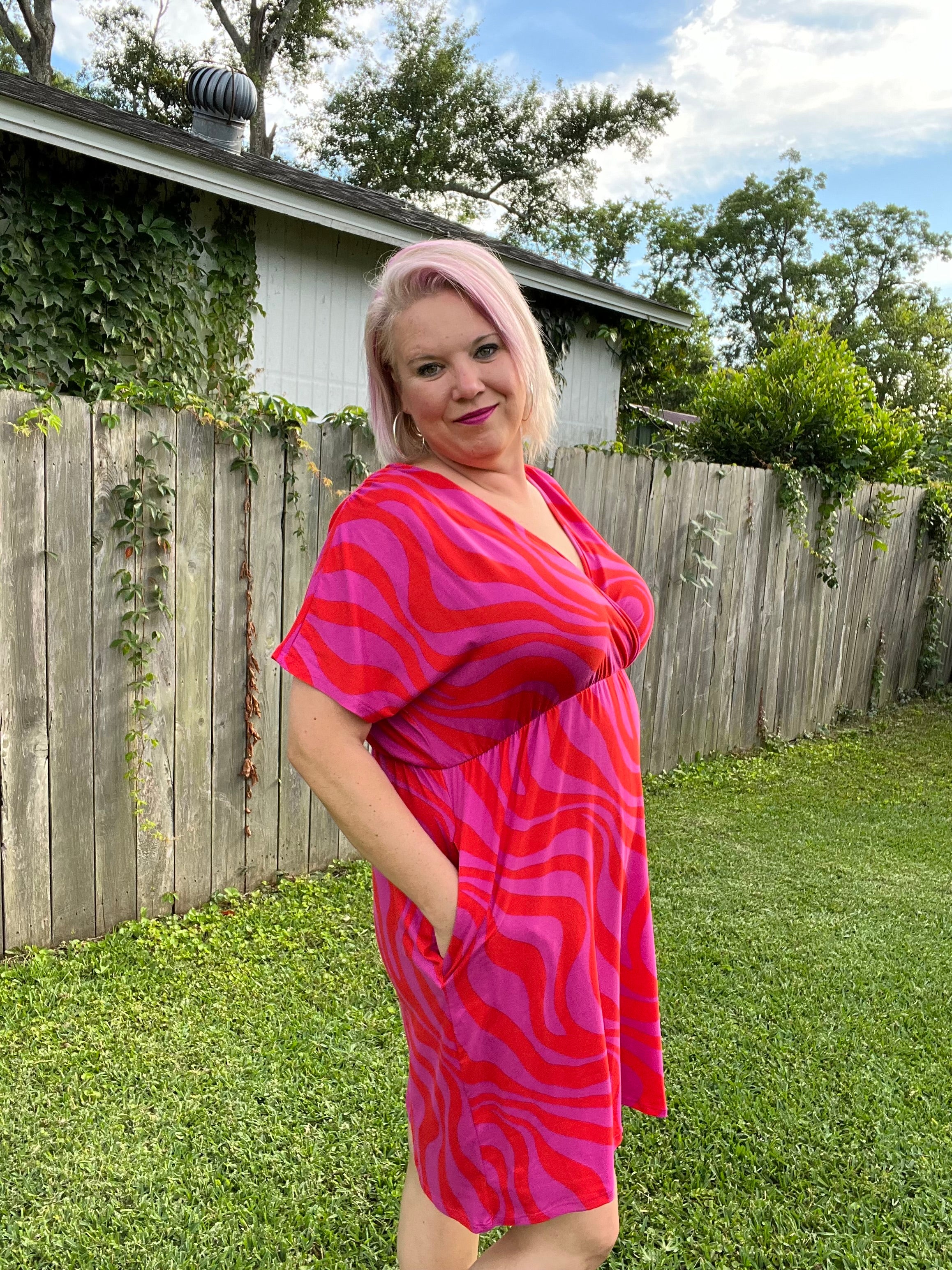 Haptics Red & Fuchsia Zebra Surplice V Neck Pocketed Dress Final Sale Haptics