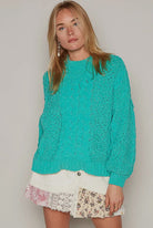 POL Jungle Green Mock Neck Chenille Cable Knit Balloon Sleeve Sweater Jungle Green Trendsi