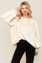 Haptics Ivory Round Neck Yoke Ladder Lace Bubble Sleeve Satin Blouse