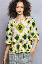 POL Olive Multi Round Neck Short Sleeve Color Pattern Crochet Top with Border Accents OLIVE MULTI