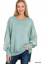 Zenana Ash Blue Acid Washed Batwing Sleeve Fleece Sweatshirt