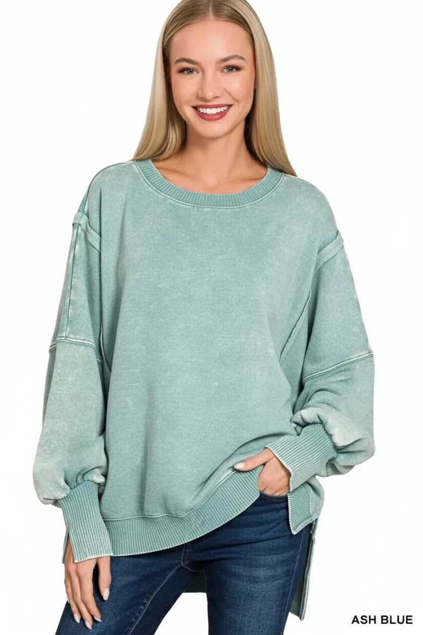 Zenana Ash Blue Acid Washed Batwing Sleeve Fleece Sweatshirt
