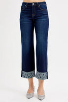 RISEN Mid Rise Fit Crop Wide With Heart Printed Cuff Jeans