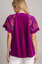 Umgee Violet Velvet Embroidery Short Sleeve Blouse Shirts & Tops