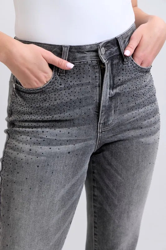 Judy Blue Gray High Waist Rhinestone Straight Jeans