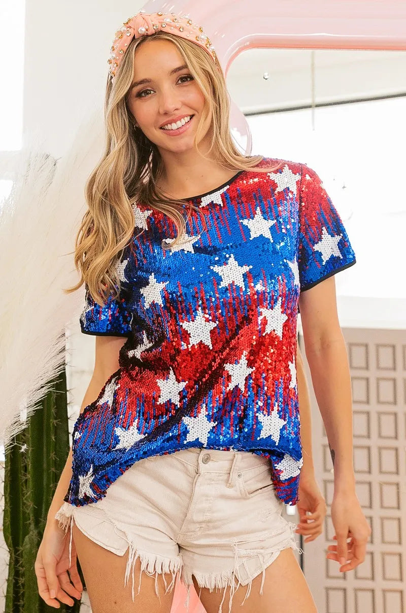 BiBi Red & Navy American Theme Star Pattern Sequin Top