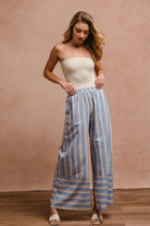 BiBi Denim Combo Striped Wide Leg Pants with Pockets