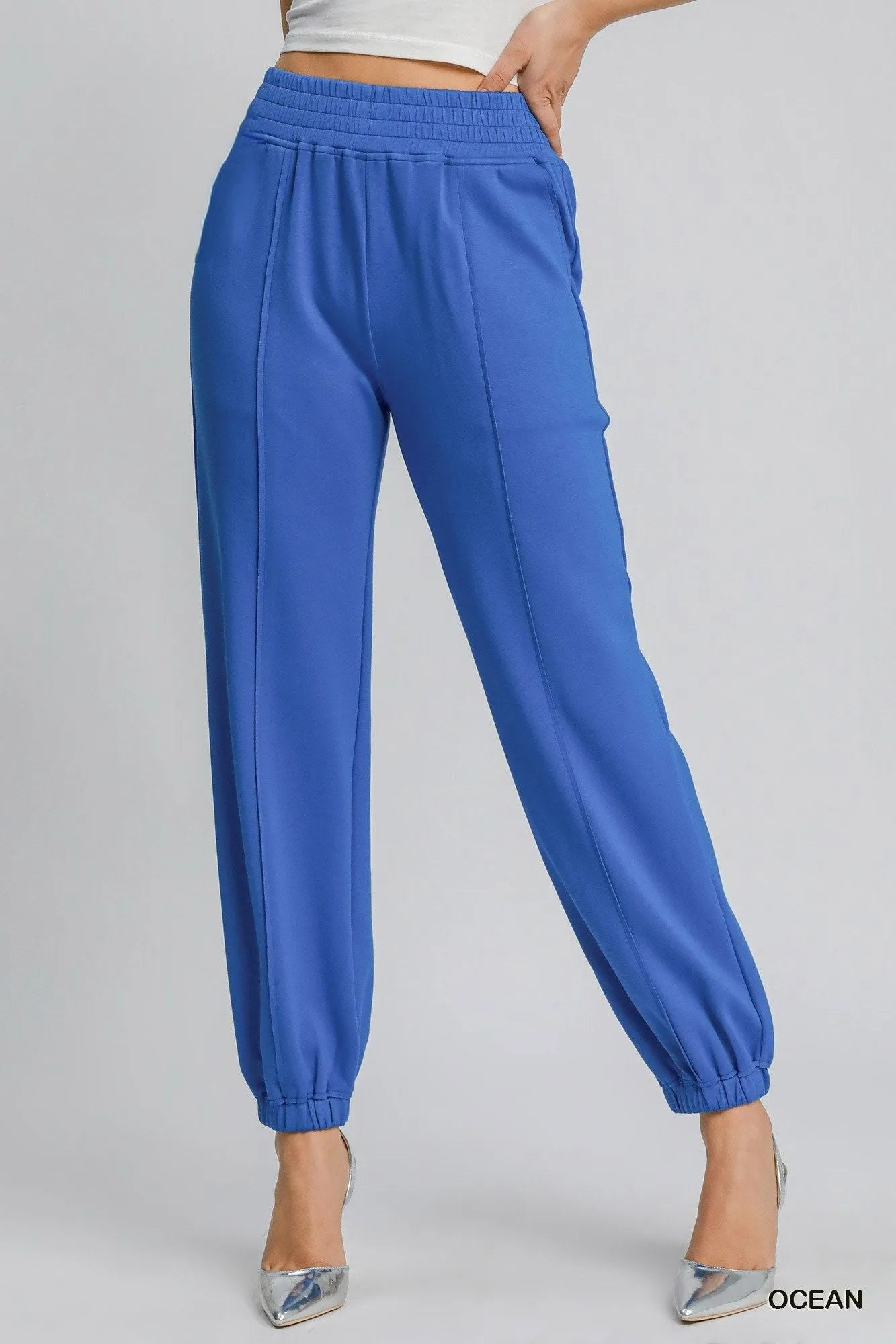 Umgee Drawstring Jogger Pants with Front Seam Detail in Ocean OCEAN
