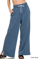 Zenana Dusty Blue Scuba Drawstring Wide Leg Pants