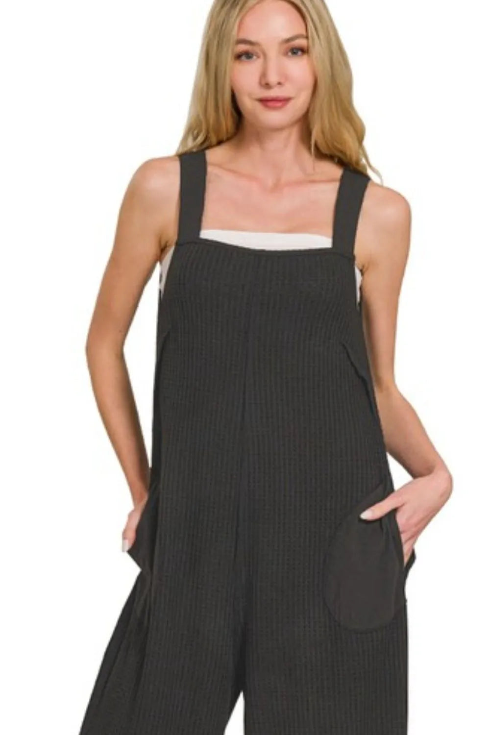 Zenana Black Knit Waffle Wide Leg Overalls