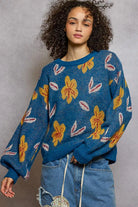 POL Lapis Blue Floral Pattern Round Neck Balloon Sleeve Sweater