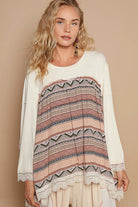 POL Buttermilk Bohemian Geometric Print Long Sleeve Top with Lace Trim BUTTER MILK