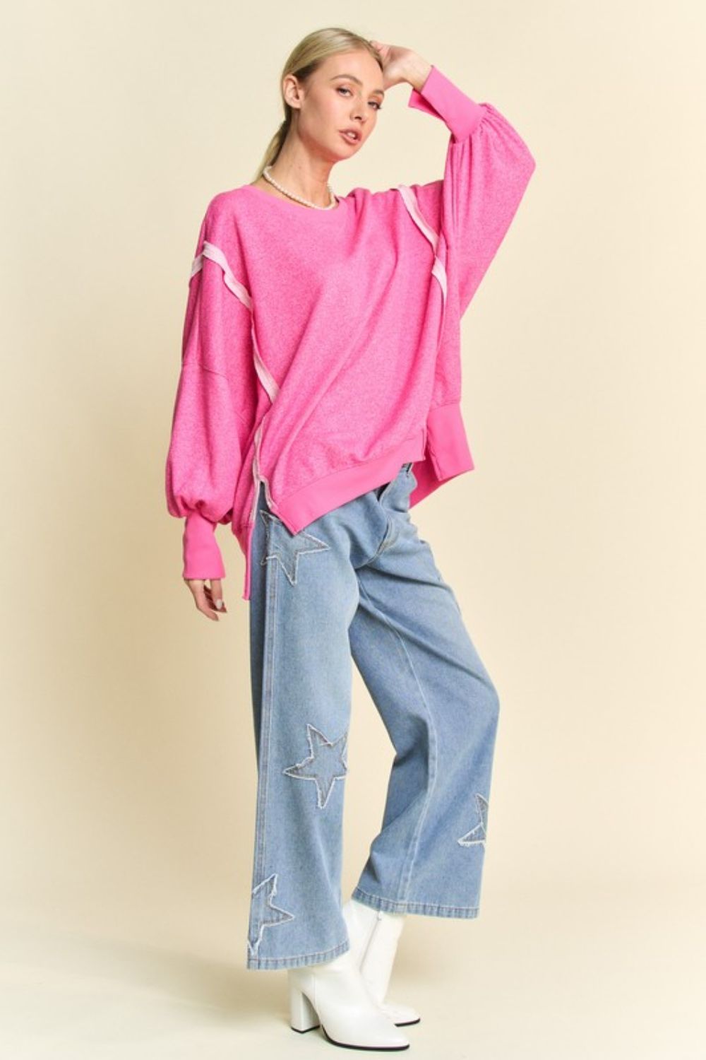 Davi & Dani Fuchsia Pink Side Slit High-Low Lantern Sleeve Knit Top Trendsi