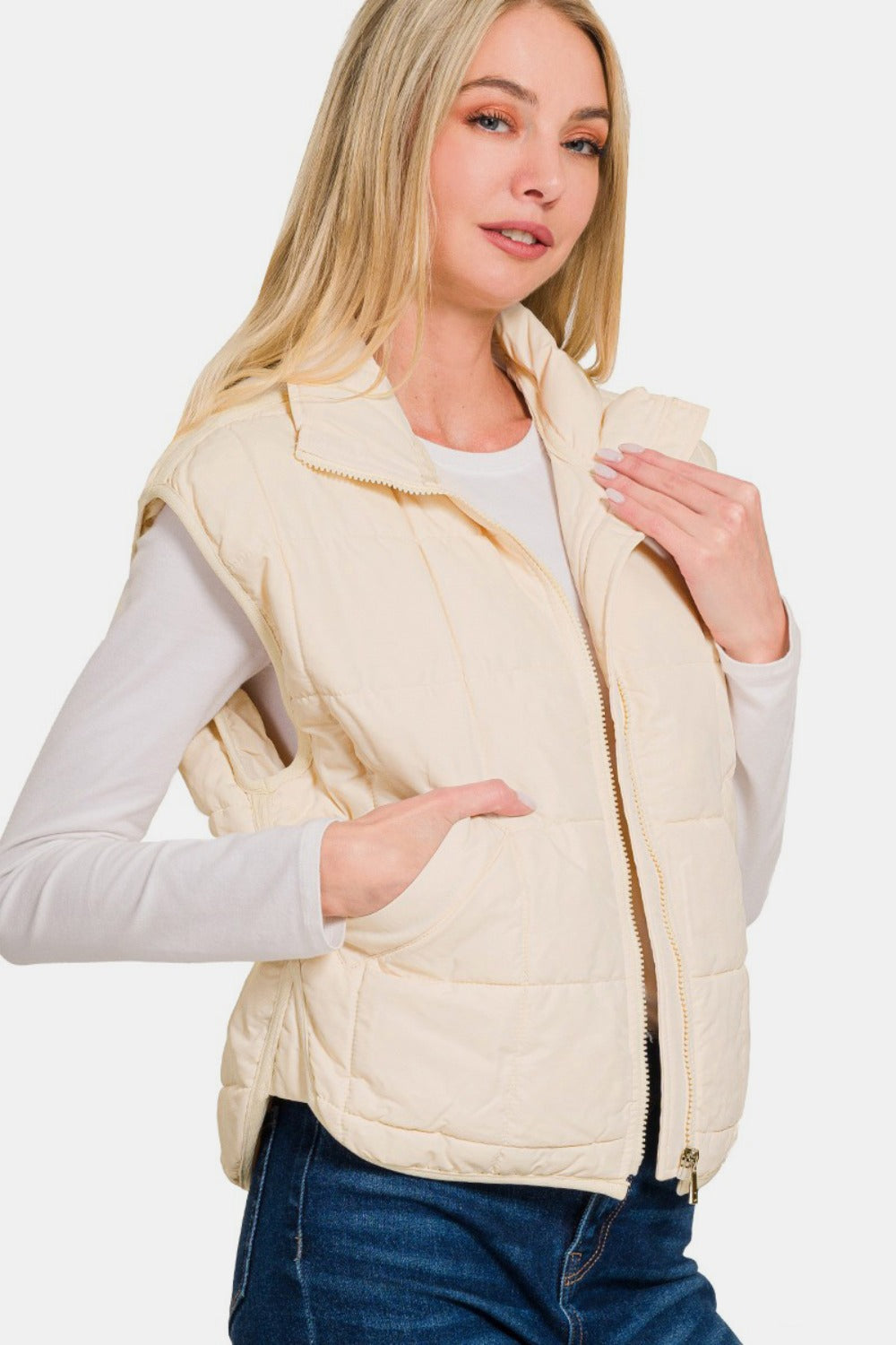 Zenana Cream Zip Up Cropped Puffer Vest with Pockets Trendsi