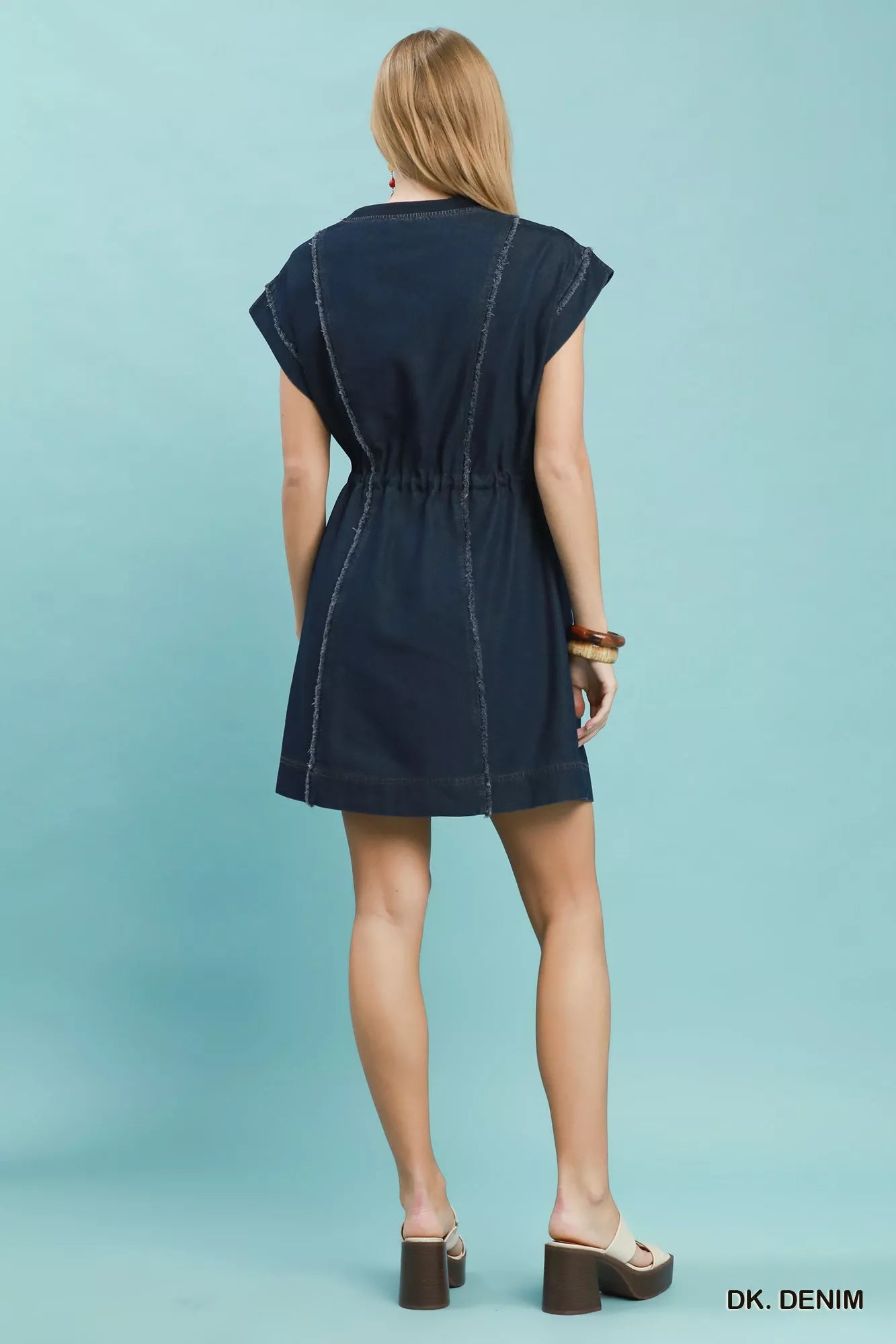 Umgee Dark Denim Drawstring Waist Frayed Denim Mini Dress