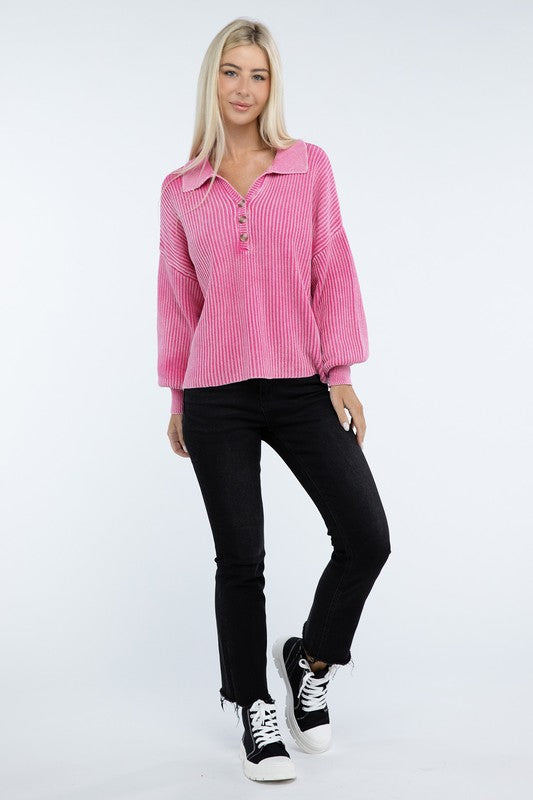 Zenana Washed Collared Henley Sweater in 6 Colors! ZENANA