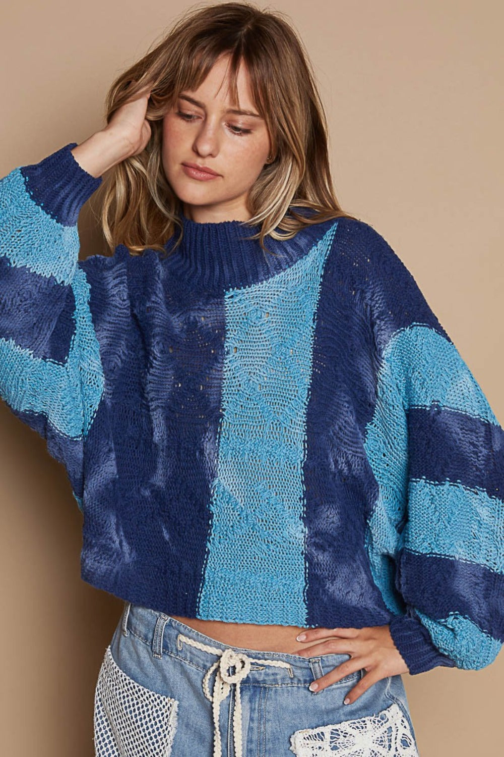 POL Mock Neck Color Block Sweater Blue Multi Trendsi