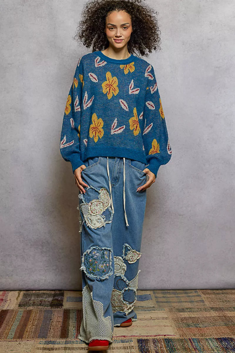 POL Lapis Blue Floral Pattern Round Neck Balloon Sleeve Sweater