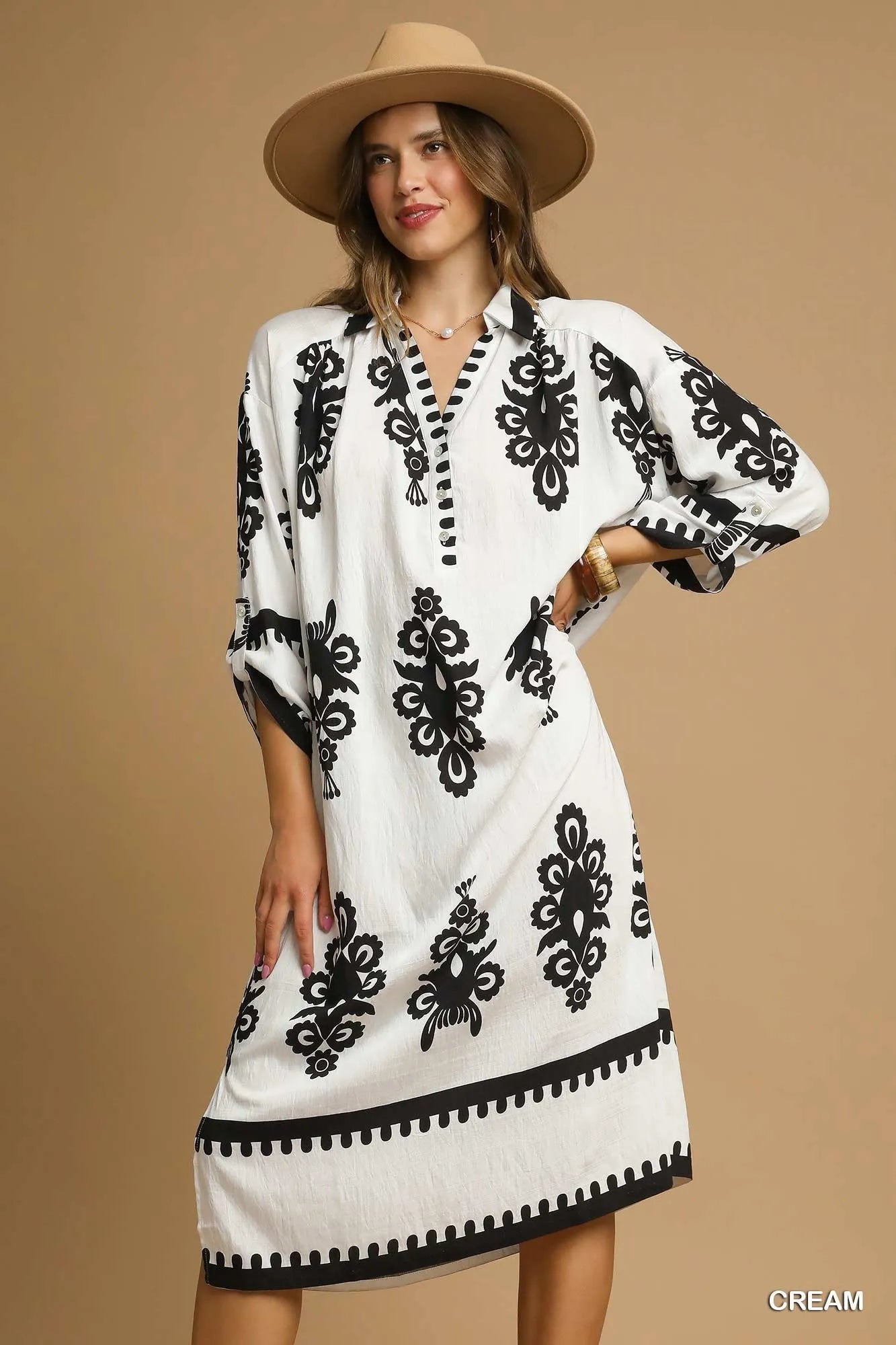 Umgee Cream Abstract Print Midi Dress Cream