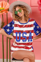 BiBi American Flag Theme USA Lettering Sequin Top