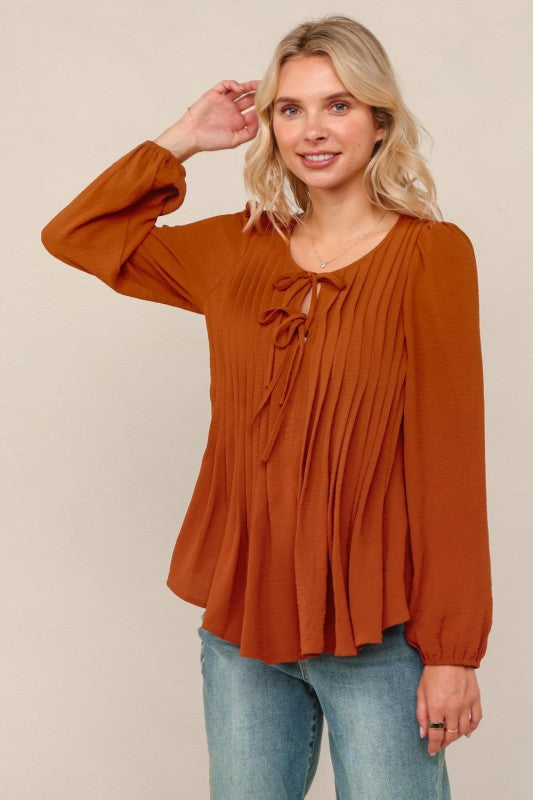 Haptics Rust Scoop Neck Solid Blouse with Ribbon Bow Detail