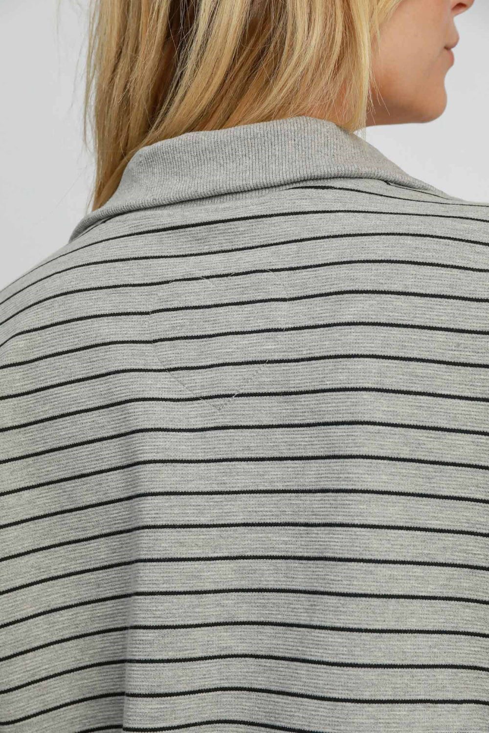 Umgee Gray Striped Half Zip Short Sleeve Sweatshirt