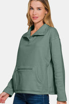 Zenana Ash Jade Turtleneck Half Snap Fleece Sweatshirt Shirts & Tops