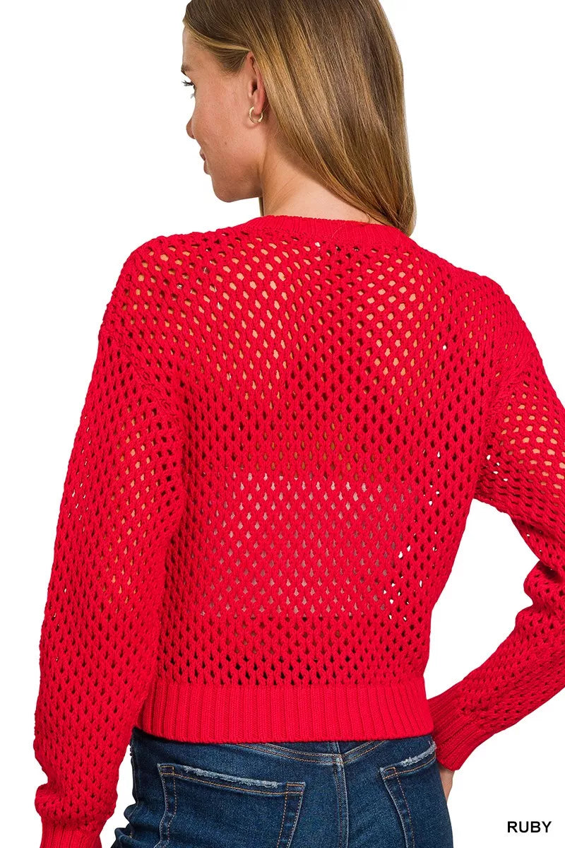 Zenana Ruby Button Down Lightweight Crochet Cardigan Sweater