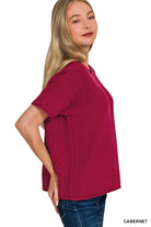 Zenana Cabernet Viscose Round-neck Short Sleeve Sweater
