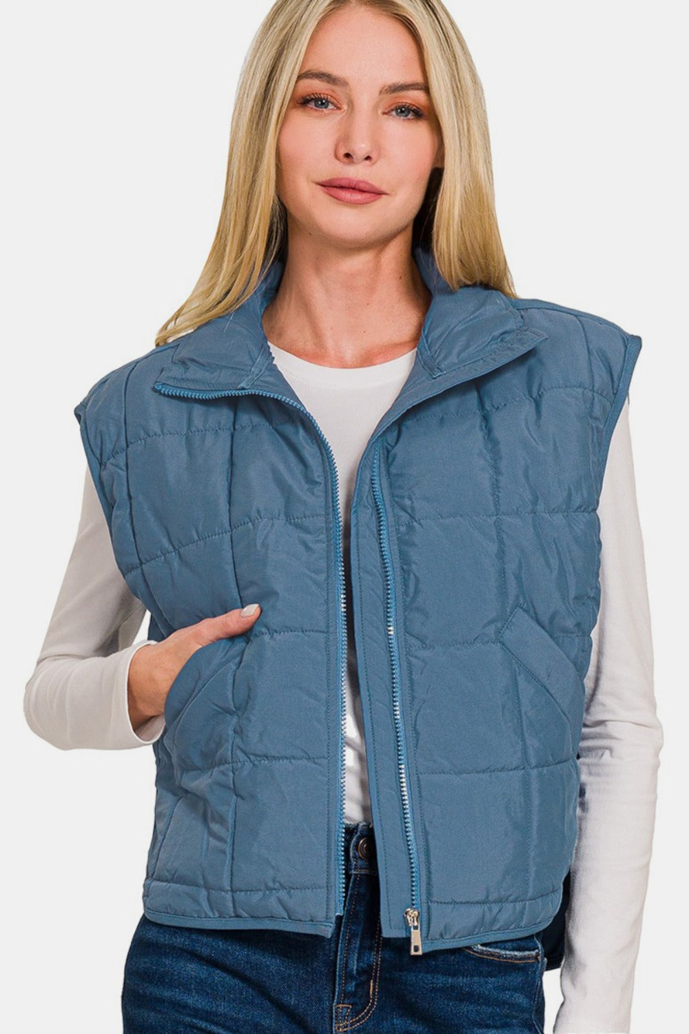 Zenana Dusty Blue Zip Up Cropped Puffer Vest with Pockets Dusty Blue Trendsi