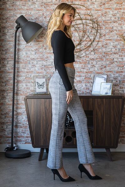 Heimish Gray Plaid Flare Pants with Wide Waist Band