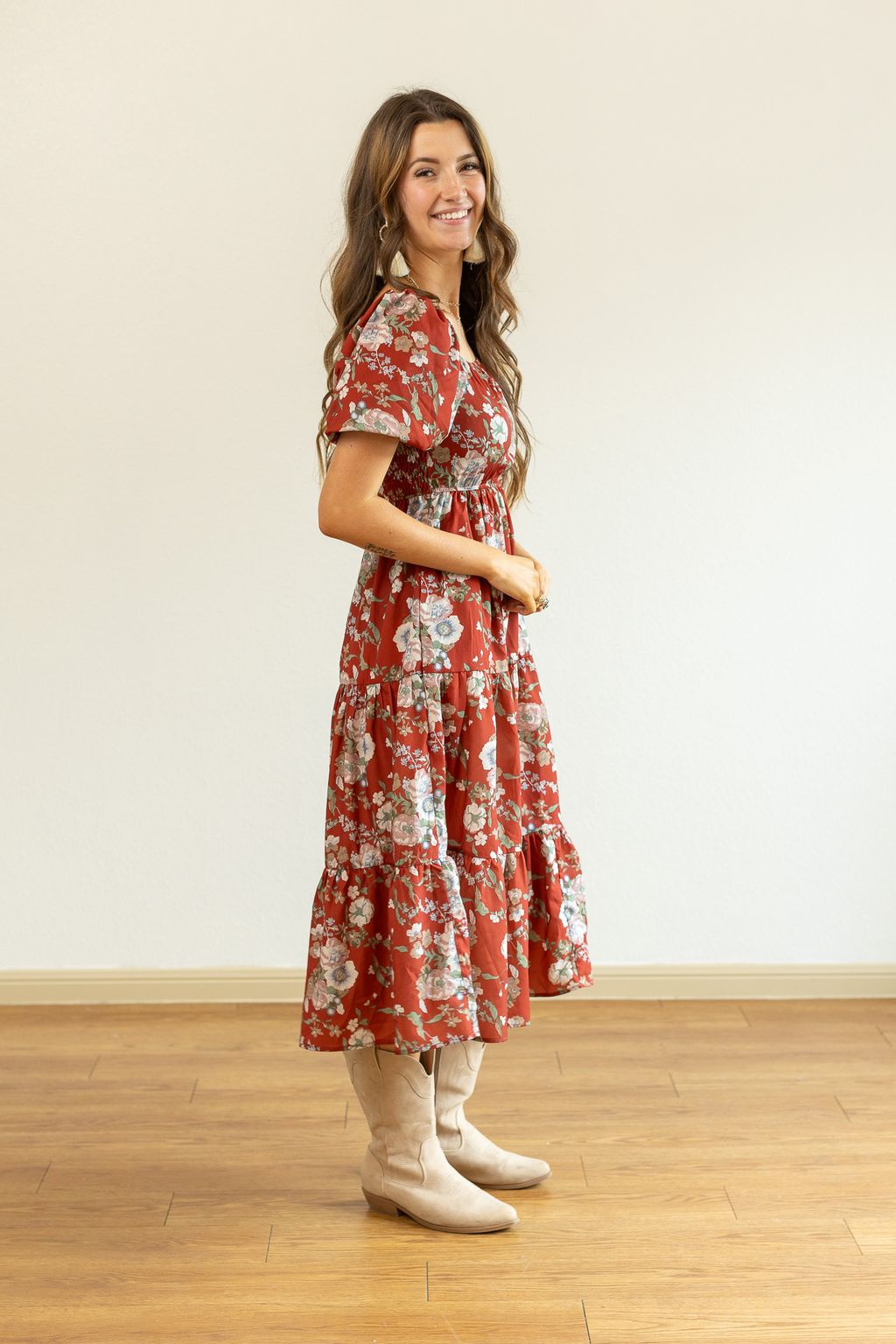 Southern Grace Elizabeth Midi Dress in Rust and Floral Dresses